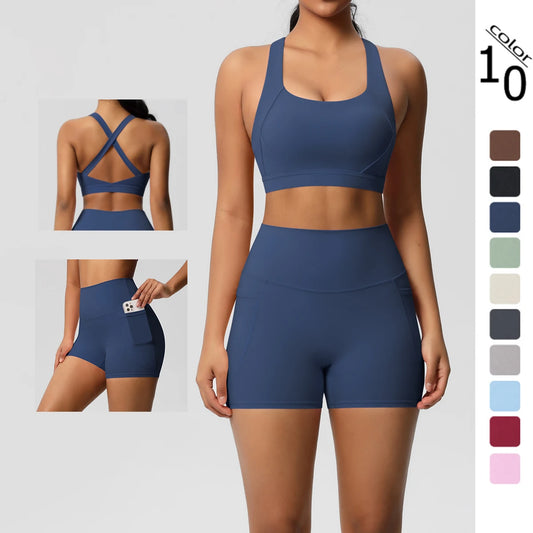 2PCS With Pocketed Set Gym Sports Shorts Crossover Bra Gym Leggings