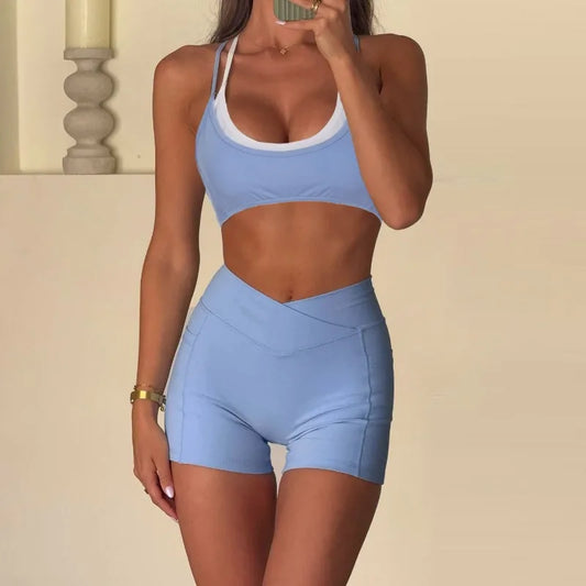 Two Piece Strappy Yoga Top Workout Scrunch Shorts