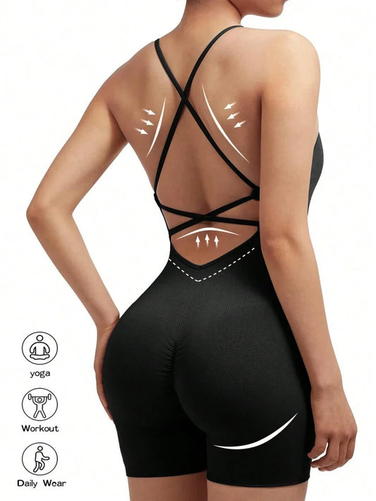 Sexy Fitness Jumpsuit Scrunch Shorts Backless Set Romper