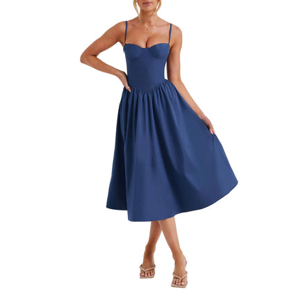 Midi Cami Dress Solid Color Sleeveless Backless Flowy Party Dresses