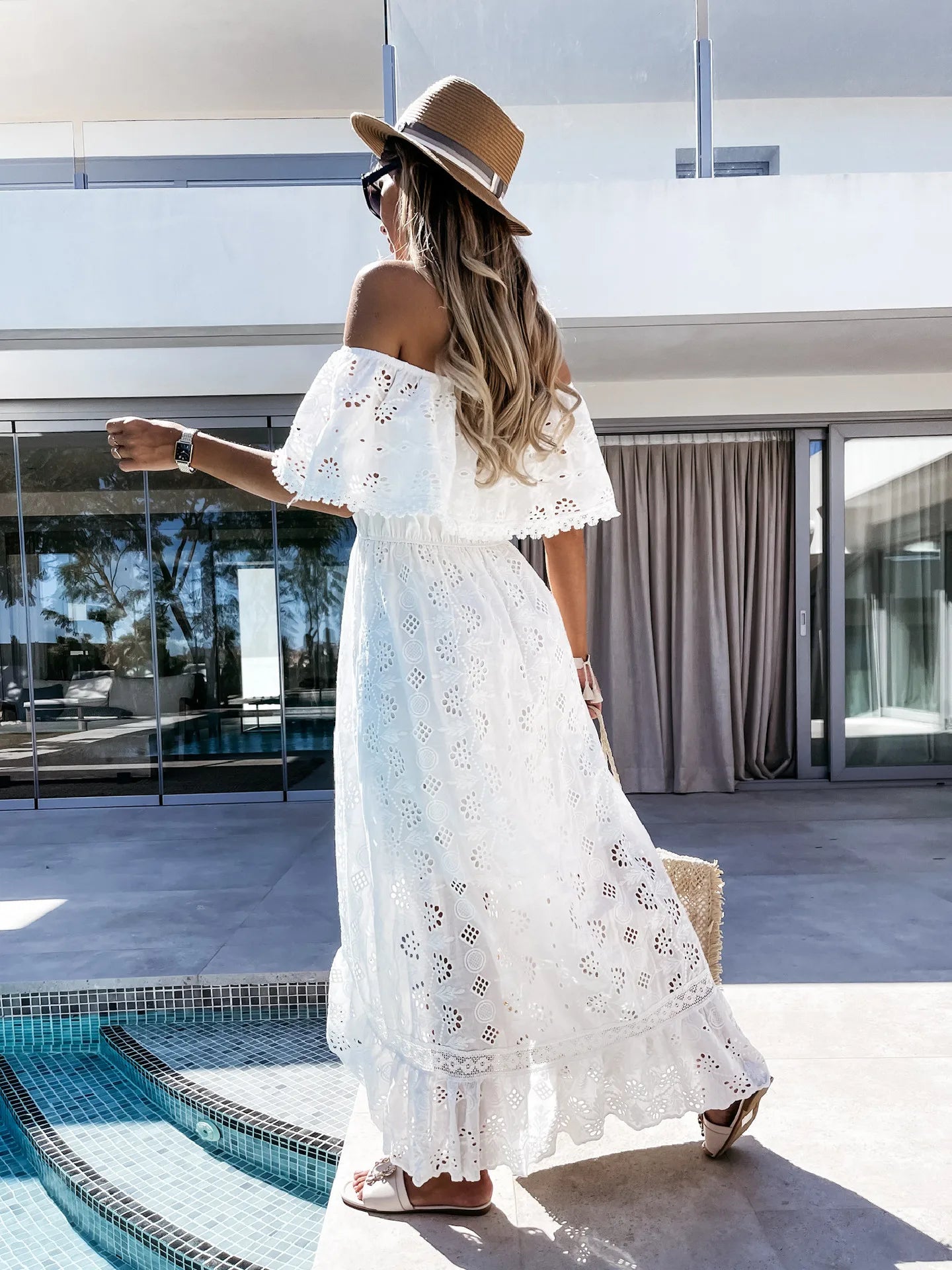 Long Dress Sexy Strapless Off The Shoulder Lace Tassel High Waist Big Hem Hollow Out