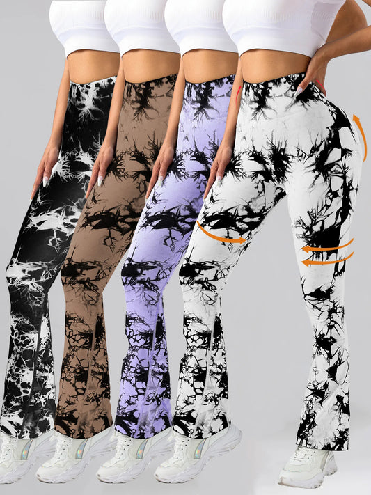 4 Pack Tie-dye flared yoga pants, High-waisted hip lifts