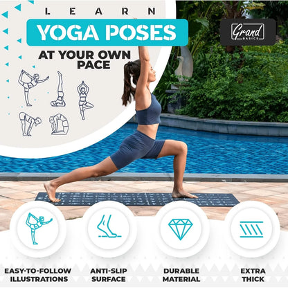 Instructional Yoga Mat with Poses Printed On It & Carrying Strap - 75 Illustrated Poses & 75 Stretches
