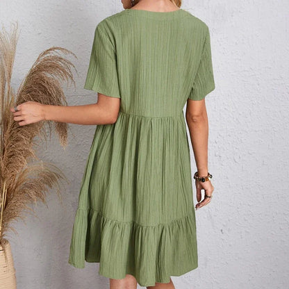 Loose V-neck Short Sleeved Pleated Women Dress