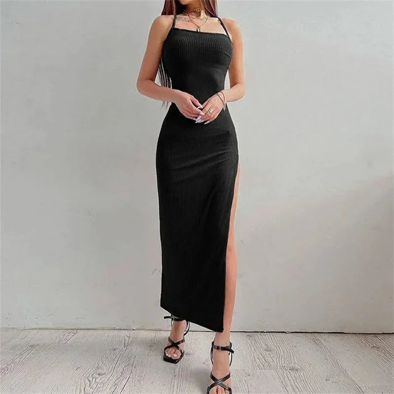 Sexy  Sleeveless Backless Halter Neck Spaghetti Strap Dresses High Split
