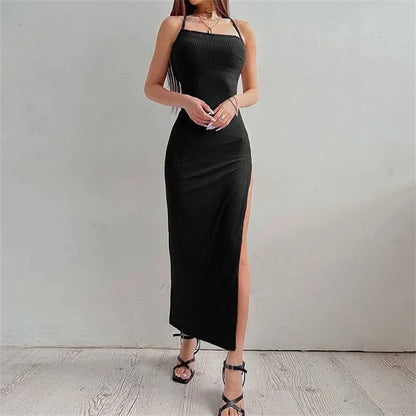 Sexy  Sleeveless Backless Halter Neck Spaghetti Strap Dresses High Split