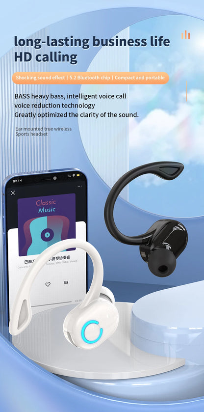 Wireless Bluetooth Earphones HIFI Bass With HD MIC Ear-Hook Earbuds Noise Cancelling Life Waterproof