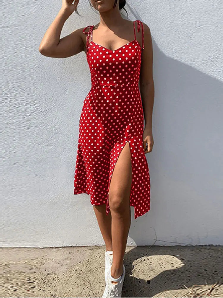 Polka Dot Sleeveless High Pleated elastic waist V-Neck  Dress