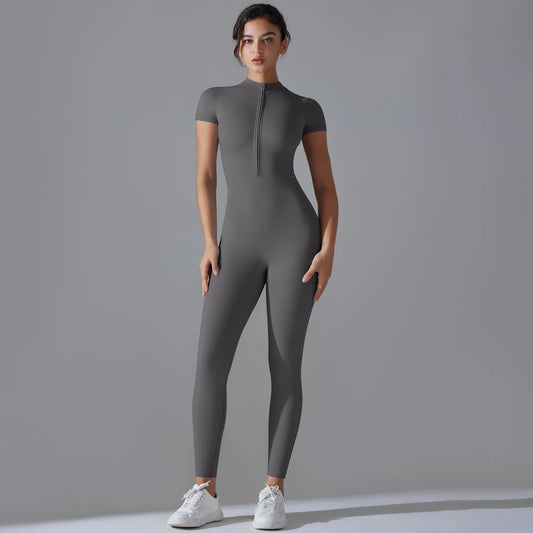 Yoga Set  Jumpsuits One-Piece Suit Zipper Short Sleeve