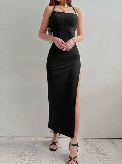Sexy  Sleeveless Backless Halter Neck Spaghetti Strap Dresses High Split