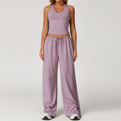 Yoga Clothes Set 2 Piece Gym Set Straight Draw String Pants Padded Sports Tank Top