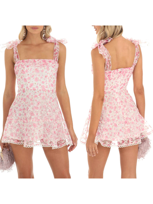 Casual Dress Floral Print Tie-Up Shoulder Strap Mini Dress Double Layer Backless