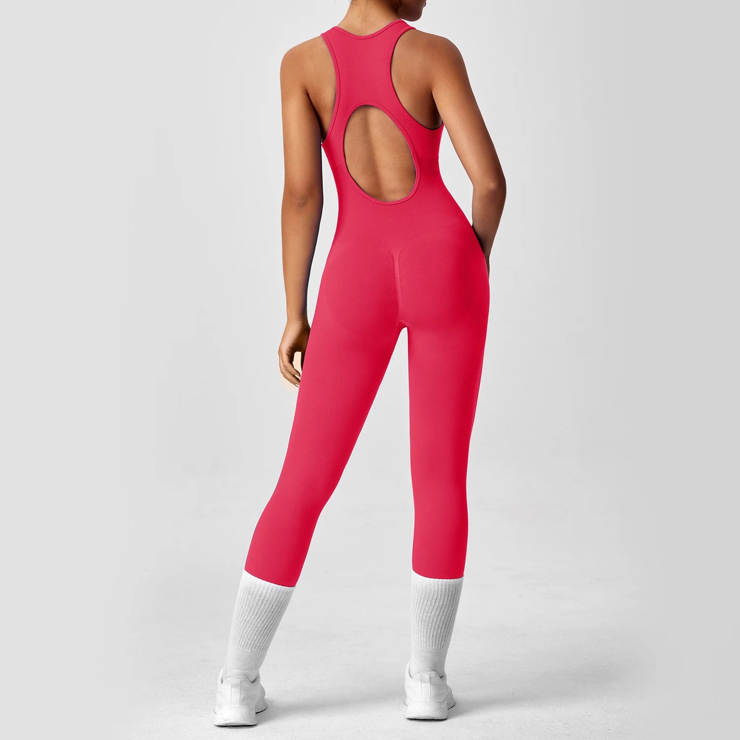 Seamless Peach Booty One-Piece Yoga Bodysuit - V-Back Tummy Control