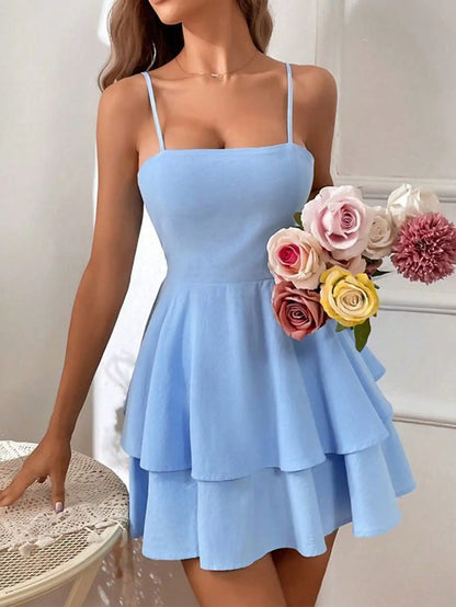 Light Blue Italian Thin Strap Layered Mini Dress Is A Sexy and Cute Short Party Dress