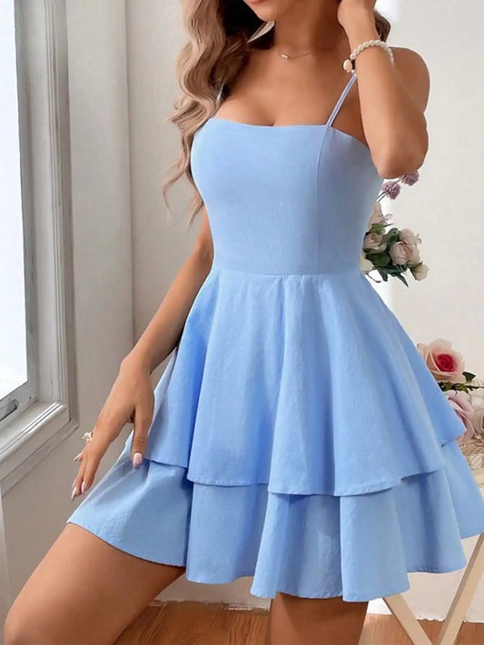 Light Blue Italian Thin Strap Layered Mini Dress Is A Sexy and Cute Short Party Dress