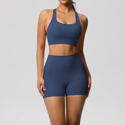 2PCS With Pocketed Set Gym Sports Shorts Crossover Bra Gym Leggings