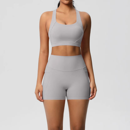 2PCS With Pocketed Set Gym Sports Shorts Crossover Bra Gym Leggings