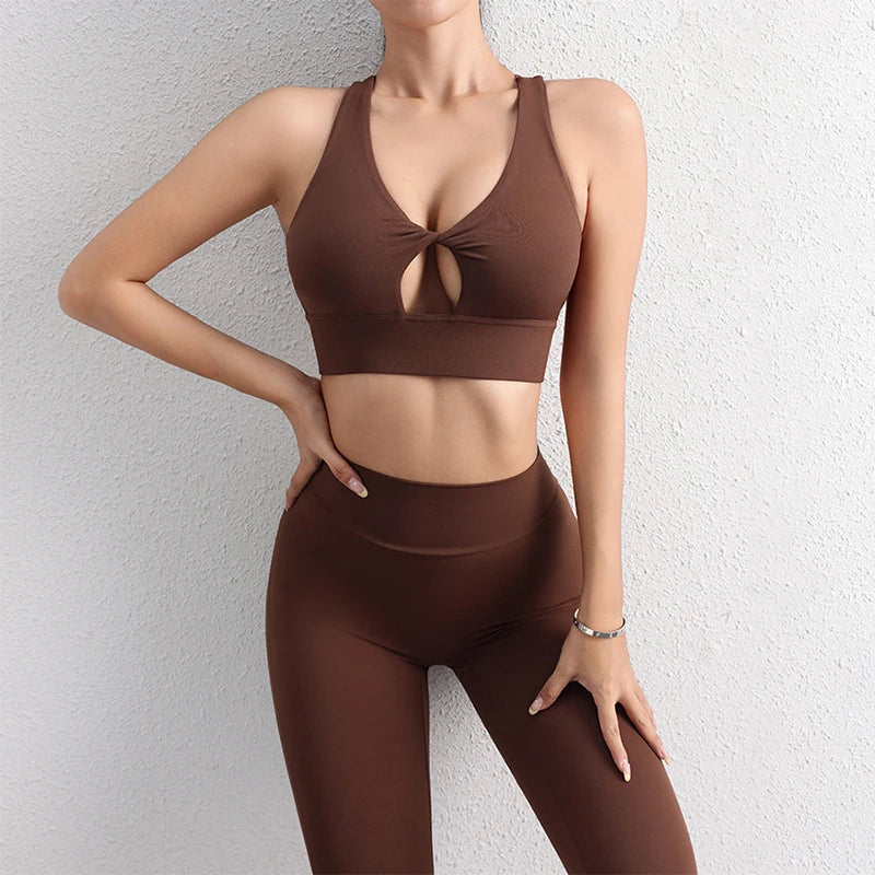 Yoga Sets Leggings Back Pocket Sexy Hollow Sports Bra