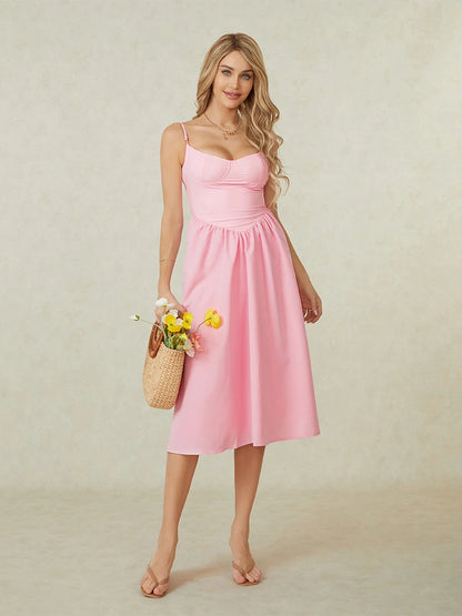 Midi Cami Dress Solid Color Sleeveless Backless Flowy Party Dresses