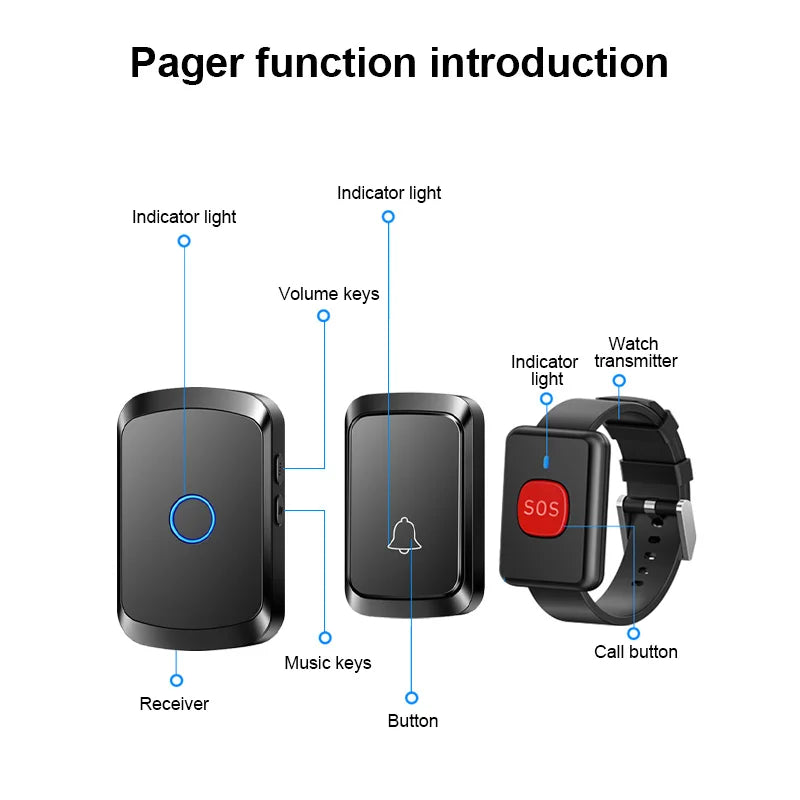 Wireless Elderly Caregiver Pager SOS Call Button Watch Wireless Doorbell