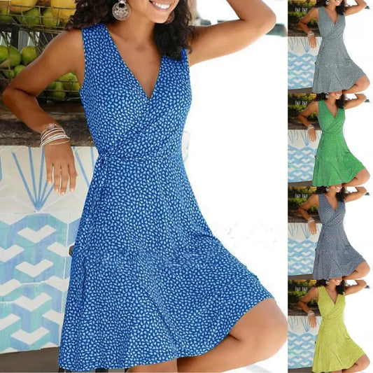 Casual Plus Size Floral Wrap V Neck Midi Dress A Line Swing Cap Sleeve