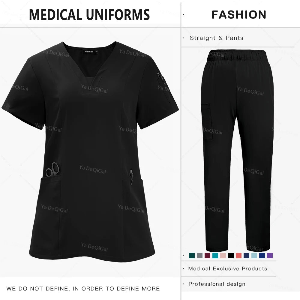 Anti-Wrinkle  Washable Medical Scrubs Sets Blouse Pockets Straight Pants
