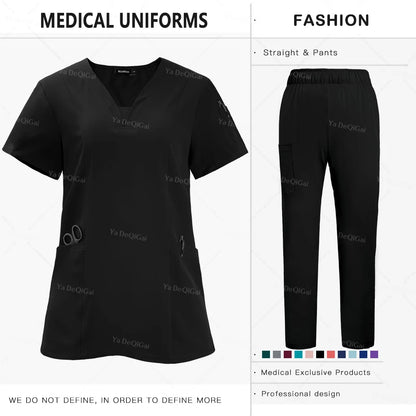 Anti-Wrinkle  Washable Medical Scrubs Sets Blouse Pockets Straight Pants