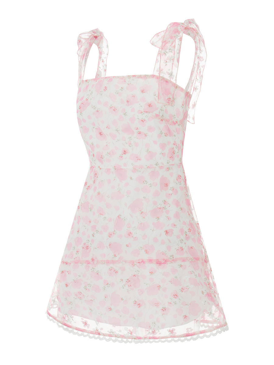 Casual Dress Floral Print Tie-Up Shoulder Strap Mini Dress Double Layer Backless