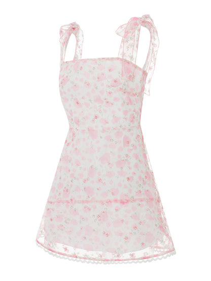 Casual Dress Floral Print Tie-Up Shoulder Strap Mini Dress Double Layer Backless
