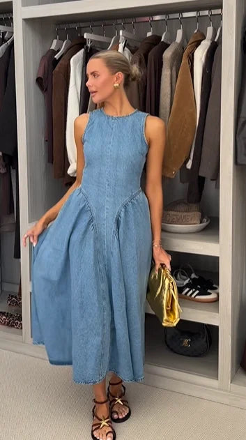 Casual Round Neck Lace Up Backless Denim Dress Sleeveless High Waist Loose Zipper
