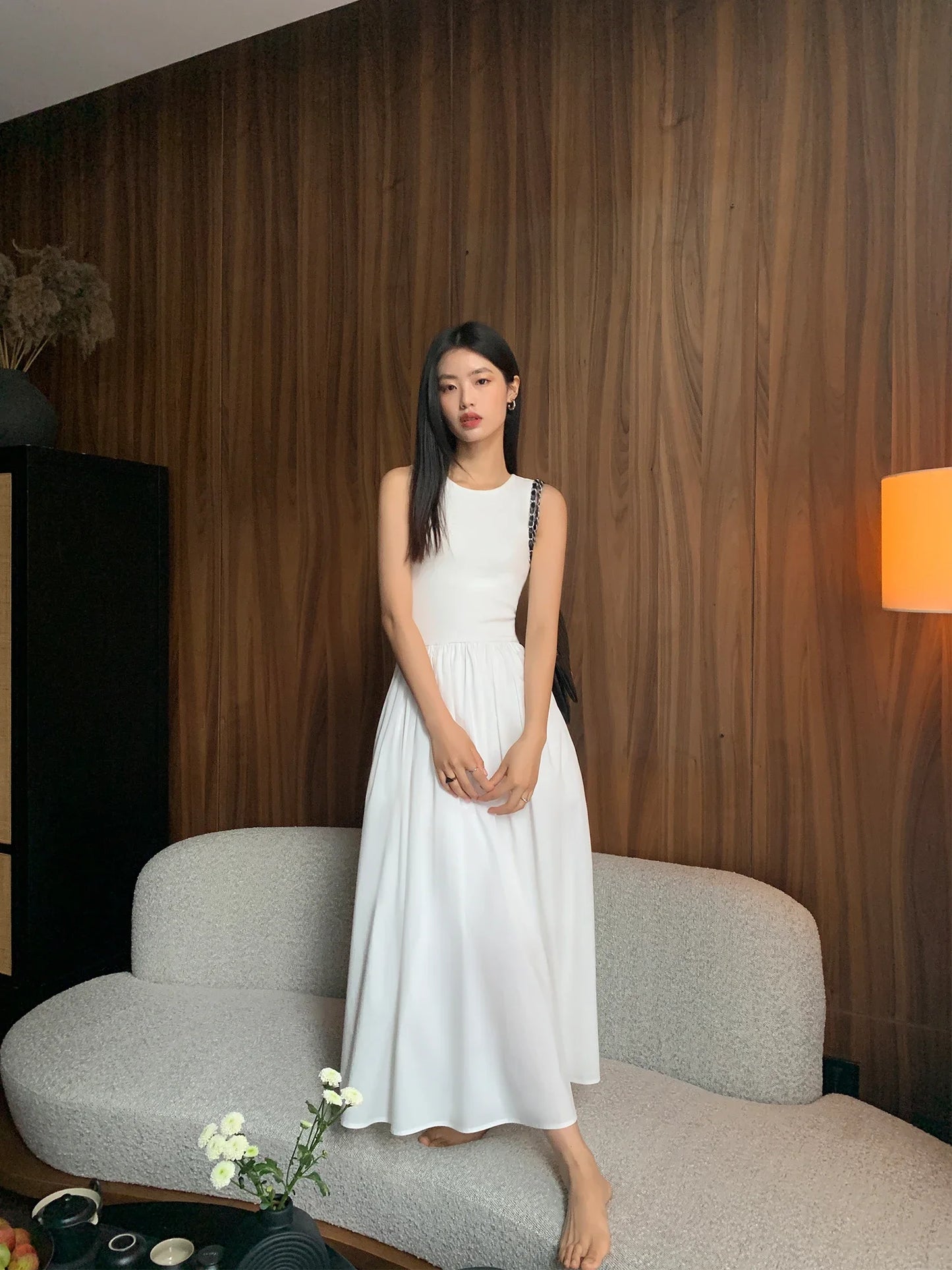 Women Chic A-Line Midi Dresses Female Bodycon Elegant Black White