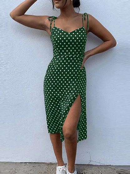 Polka Dot Sleeveless High Pleated elastic waist V-Neck  Dress