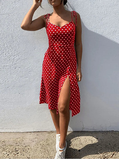 Polka Dot Sleeveless High Pleated elastic waist V-Neck  Dress