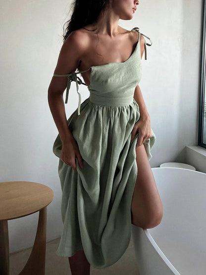 Casual Solid Color Long Dresses Sexy  Backless Party Pleated Dress