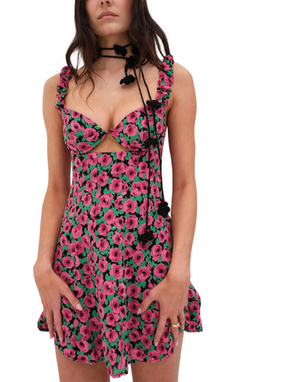 Mini Dress Sleeveless Sweetheart Neck Cutout Floral Print A-Line Dress Short Tank Dress