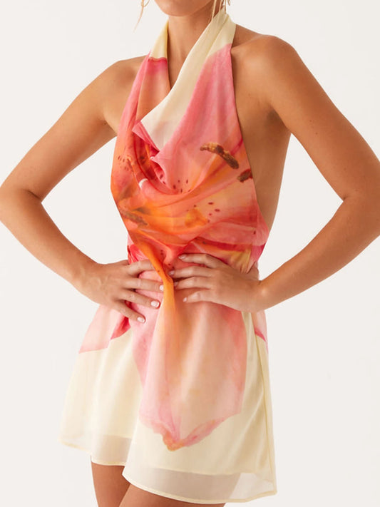 Elegant Floral Print Sleeveless Halter Neck Mini Dress