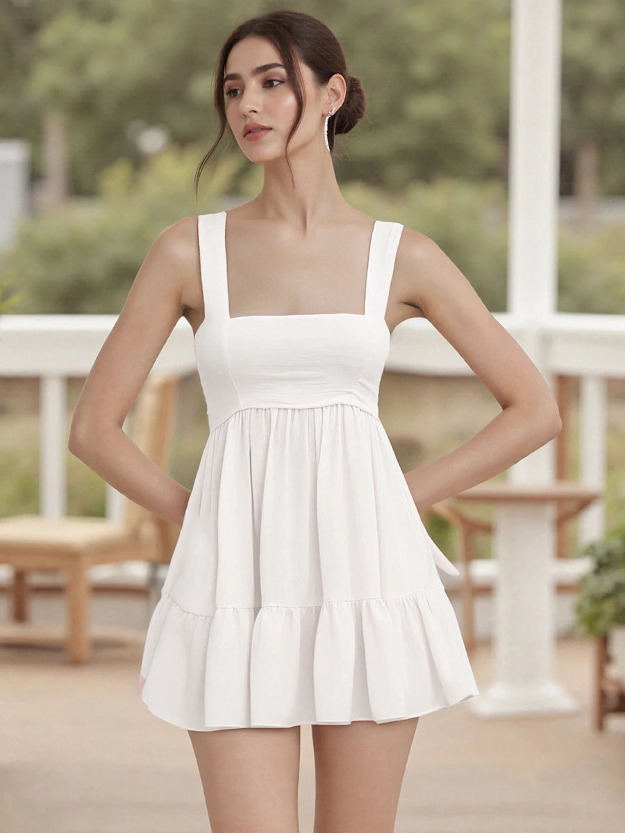Sleeveless V-Neck Ruffle Tiered Mini Dress with Open Back and Pockets - Chic A-Line Summer Dress