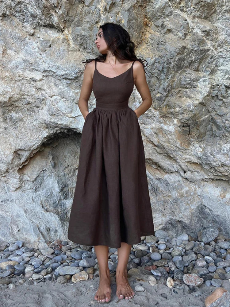 Casual Solid Color Long Dresses Sexy  Backless Party Pleated Dress