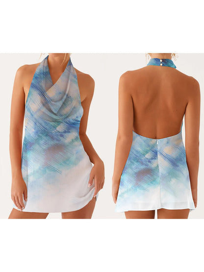 Elegant Floral Print Sleeveless Halter Neck Mini Dress