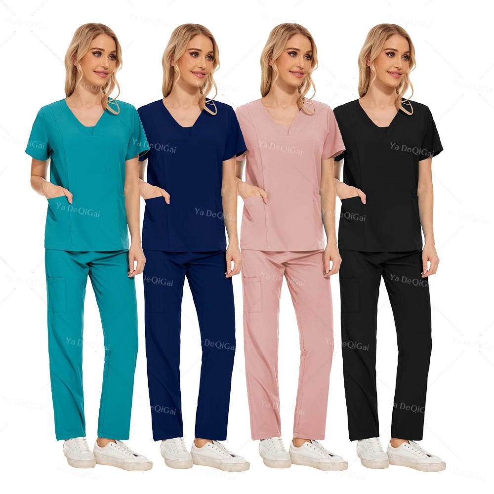 Anti-Wrinkle  Washable Medical Scrubs Sets Blouse Pockets Straight Pants