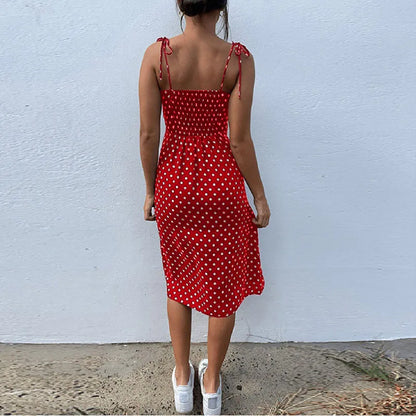 Polka Dot Sleeveless High Pleated elastic waist V-Neck  Dress