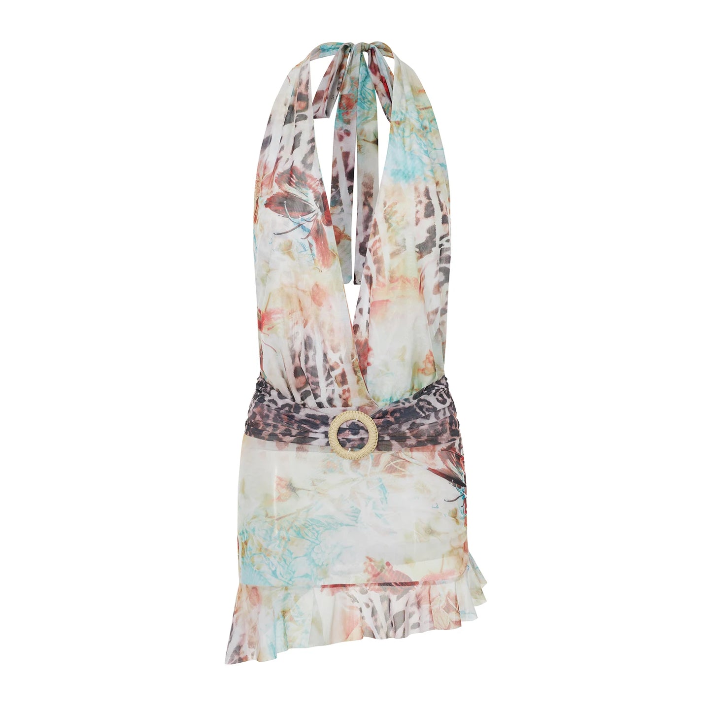 V-Neck Sleeveless Bodycon Dress with Floral Print and Belted Waist Women s  Fit Halter Mini Dress with Open Back