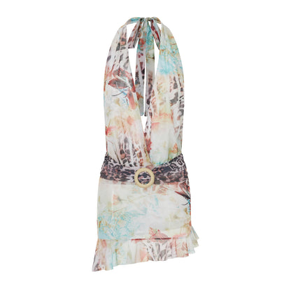 V-Neck Sleeveless Bodycon Dress with Floral Print and Belted Waist Women s  Fit Halter Mini Dress with Open Back