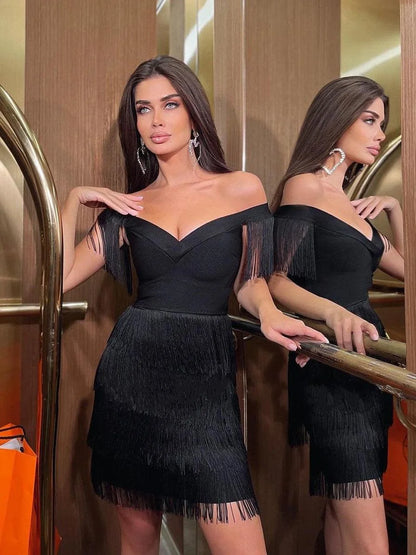 Evening Dresses Sexy Big V Neck One-shoulder Fringed Skirt