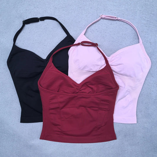 Adjustable Strappy Gym Top Backless Scrunch Bra Removable Cups