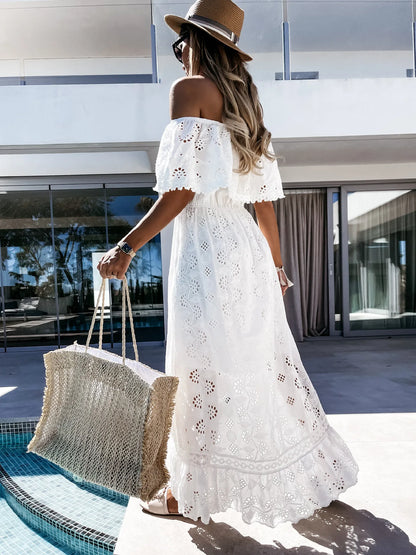 Long Dress Sexy Strapless Off The Shoulder Lace Tassel High Waist Big Hem Hollow Out