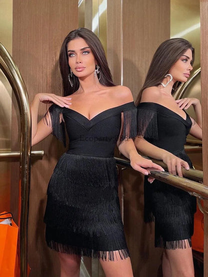 Evening Dresses Sexy Big V Neck One-shoulder Fringed Skirt