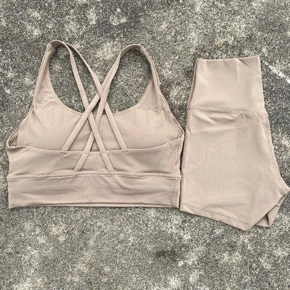 Yoga Set 2 Piece Cross Back Bra Top High Waist Shorts