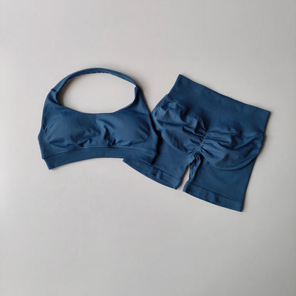 2 Pieces Yoga Suit Halter Sports Bra Matching Impact Shorts