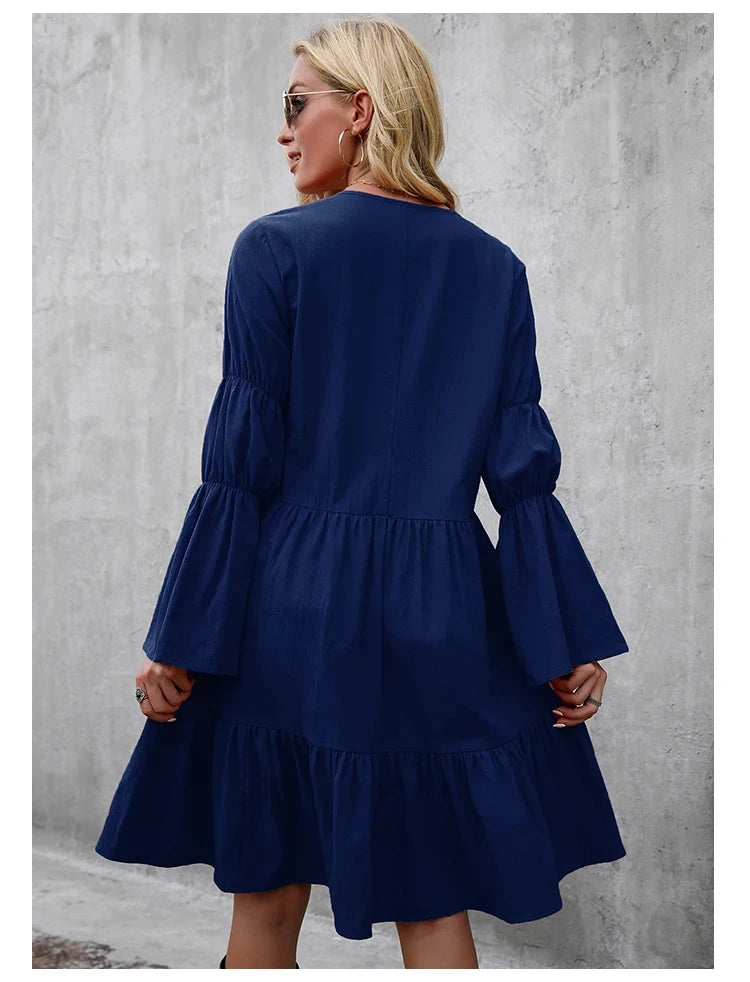 Casual Long Sleeve Dresses V Neck Loose Flowing Dress